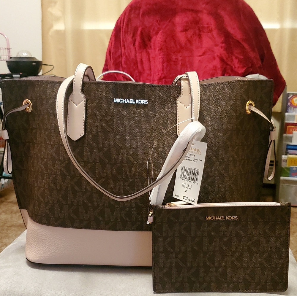 $328 New Michael Kors TRISTA LG DRAWSTRING TOTE Monogram MK Purse Handbag Bag